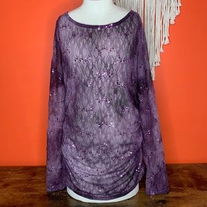 HAK Purple Mesh Sequin Ruched Side Long Sleeve Top
